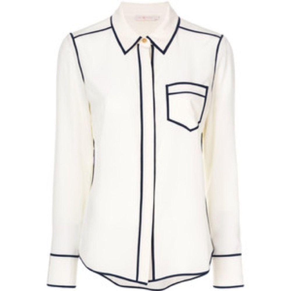 Tory Burch blouse/contrast piping. Khaki/yellow